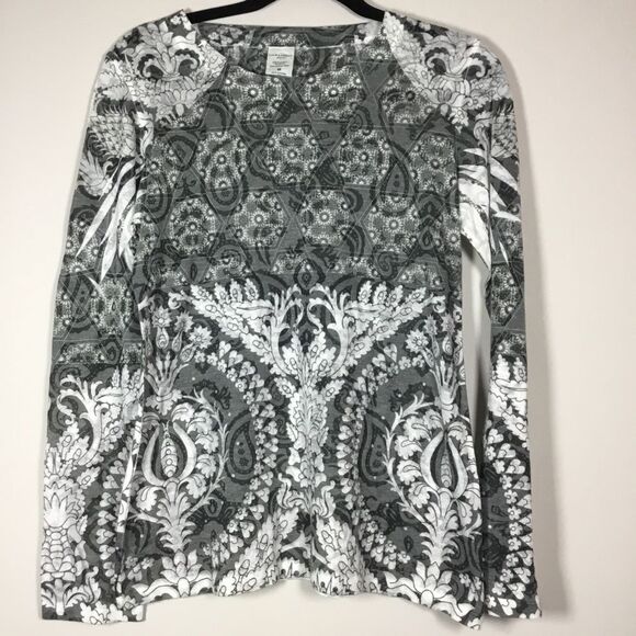 Laura Ashley Active Baroque pattern semi sheer long sleeve top Fleur de Lis Sz M - Picture 1 of 7